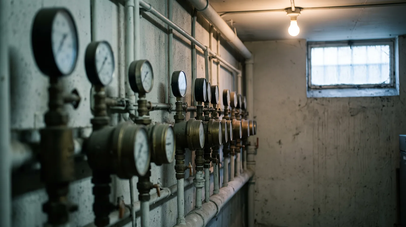 A dim basement plant room lit by one bare bulb, where a long row of old brass pressure gauges is mounted among painted pipework at an angle too oblique to read any dial.