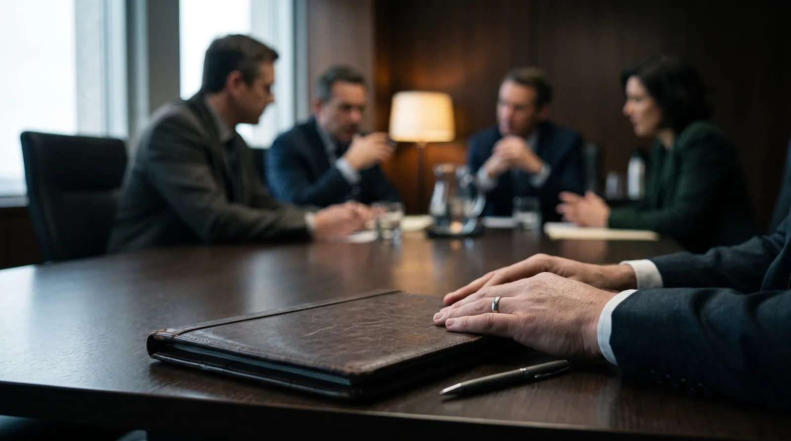 A boardroom table close up: one person's hands resting still on a closed leather folder with an untouched pen beside them, while four other directors talk further down the table, out of focus.