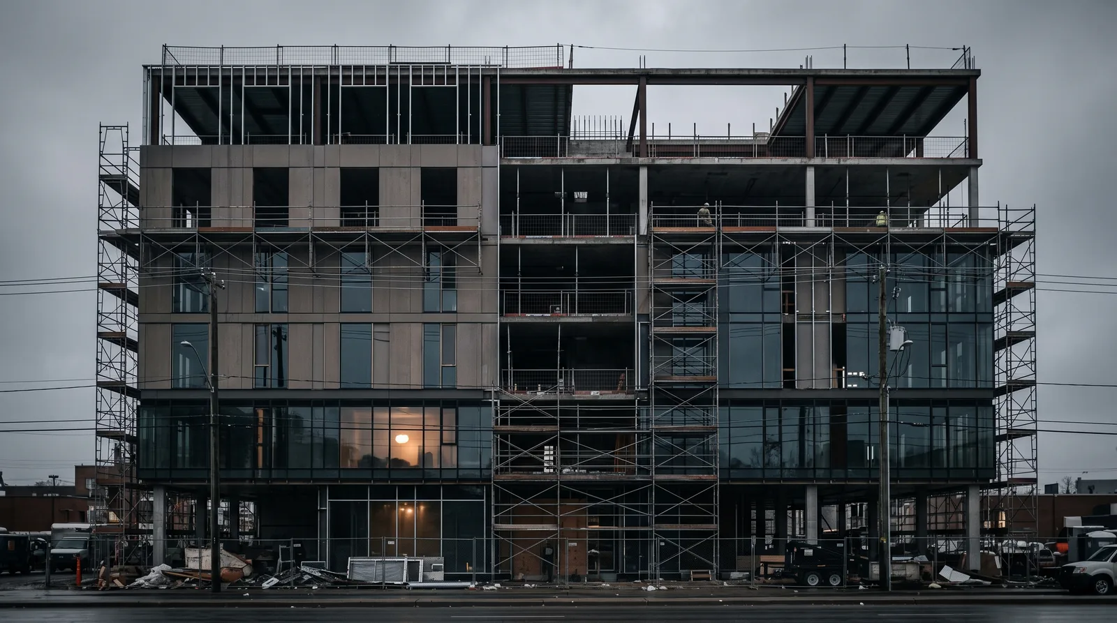 A mid-rise building under construction on an overcast day, its lower floors finished and glazed, the middle floors clad but unglazed, and the top floor still bare steel frame open to the sky, with scaffolding running the full height.