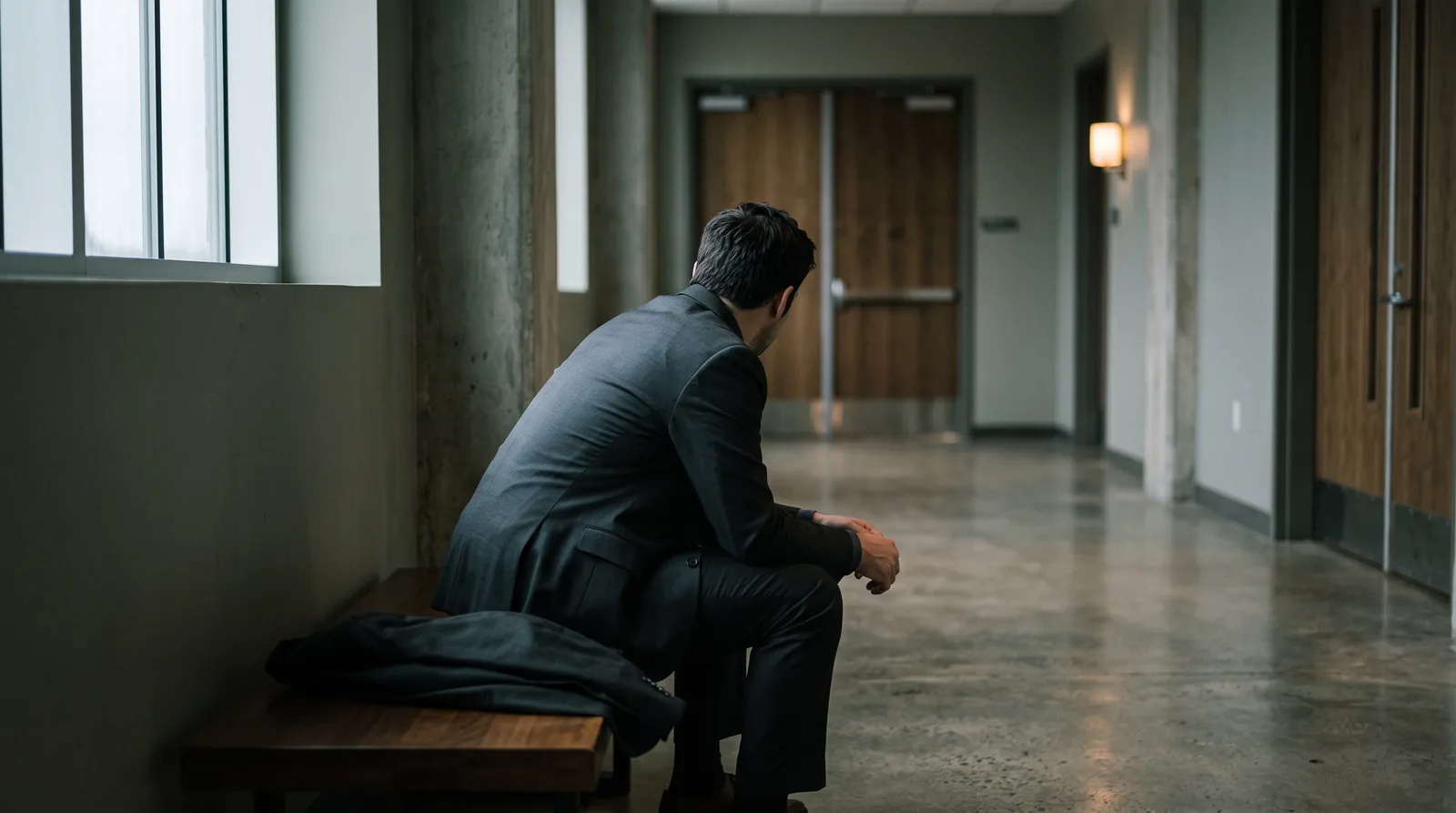 A person in a suit sitting forward on a low bench in an empty concrete-and-glass corridor, seen from behind with their head lowered and their jacket folded beside them, the closed doors of the room they have left further down the corridor.