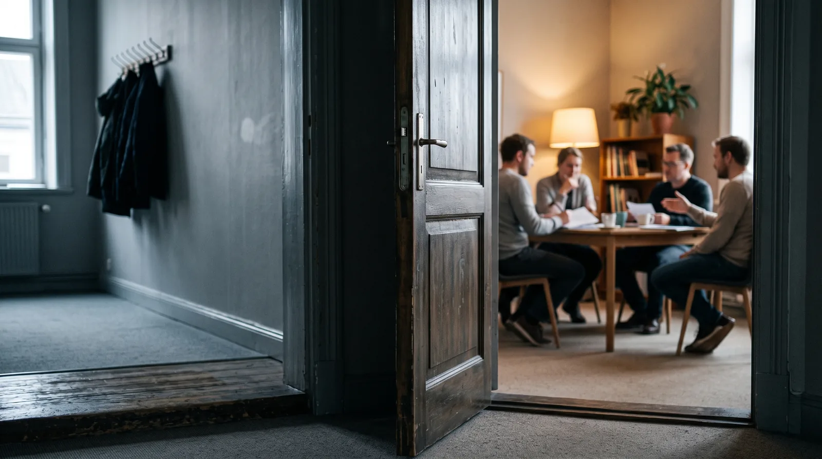 A cool grey corridor with coats hanging on a rail, looking through a part-open wooden door into a warmer lit room where four people sit around a table in discussion, out of focus.