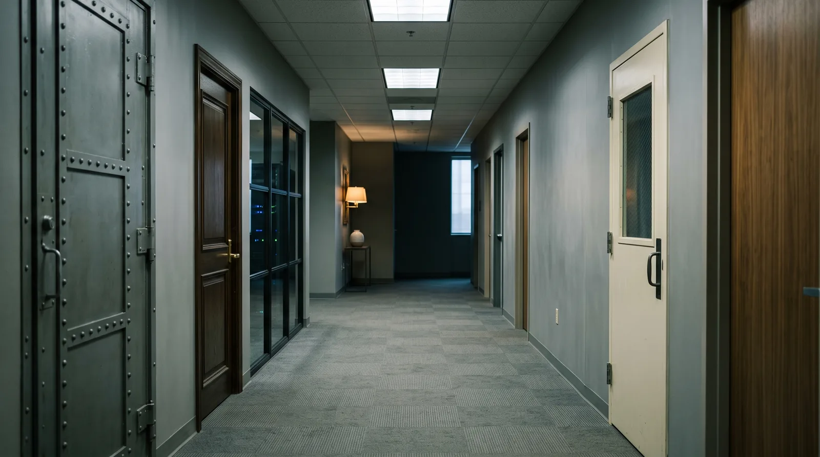 A clean, well-kept office corridor lined with doors of entirely different kinds - a riveted steel industrial door, a polished panelled hardwood door, a glass door onto a dark server room lit by equipment lights, and a painted door with a wired-glass pane - all closed, nobody in the corridor.
