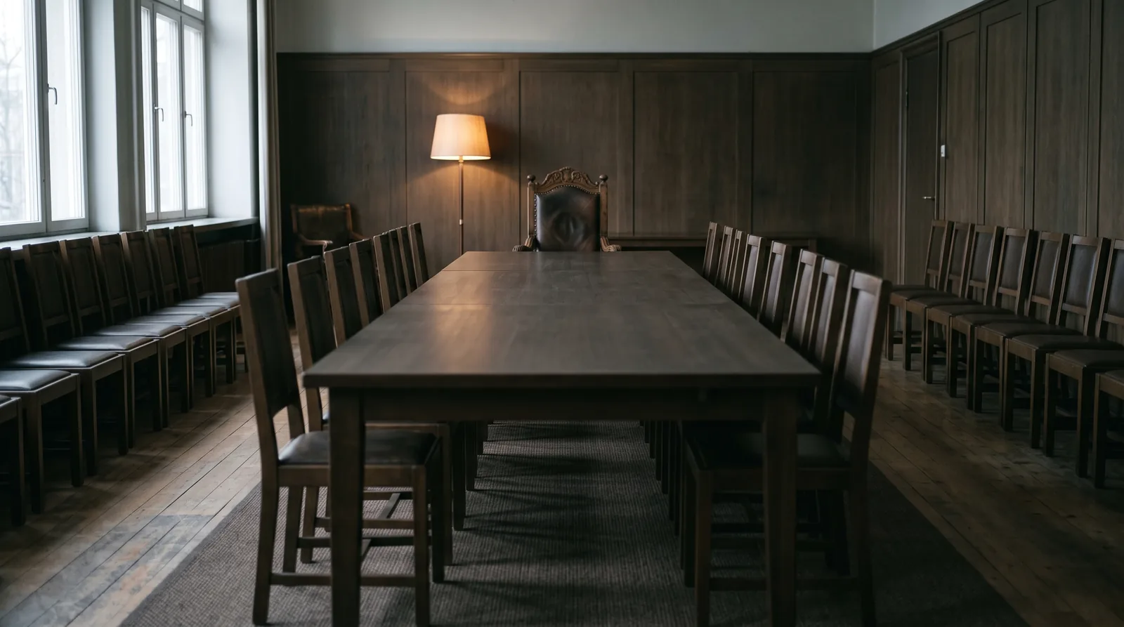 An empty panelled committee room seen straight down the length of a long bare table. Every chair along both sides is identical and plain; the single chair at the head is older, heavier and high-backed, lit by one lamp behind it.