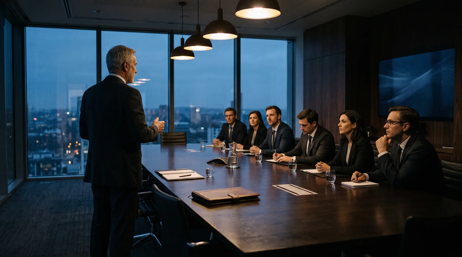 A senior executive standing to speak at a boardroom table while seated colleagues turn toward them, shot from the far end of the room in low evening light.