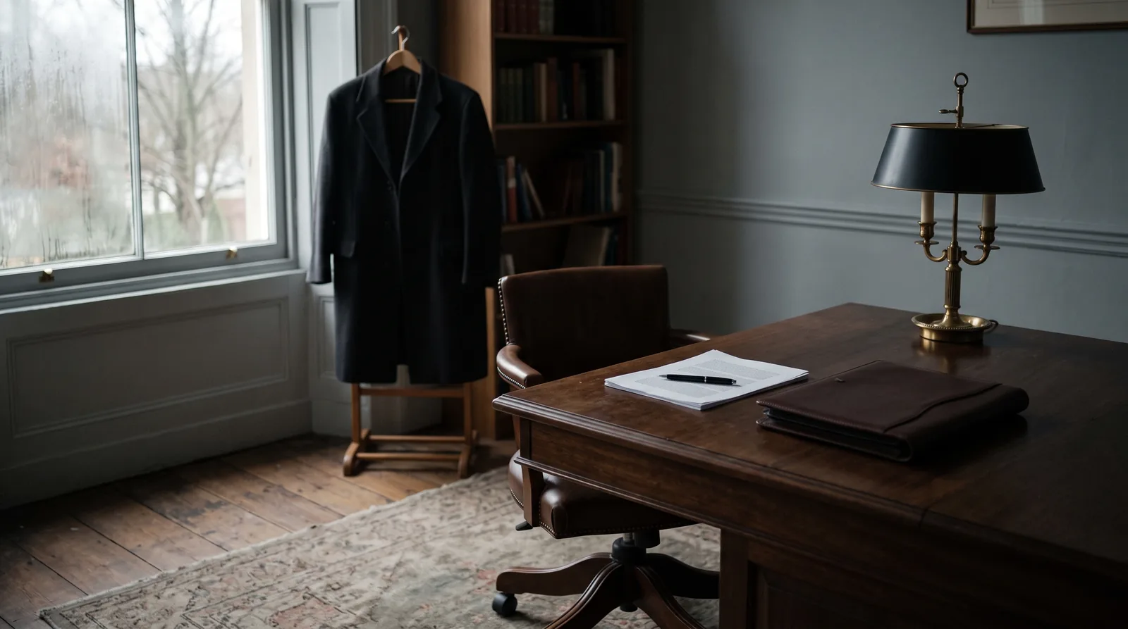 An empty senior office in low winter light: a cleared wooden desk holding only a closed leather folder, a small stack of papers and a pen, the chair pushed in, the lamp off, and a dark overcoat left hanging on a stand by the window.