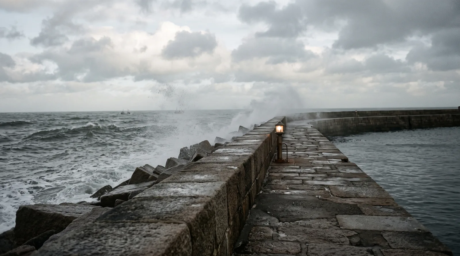 A granite breakwater running out into a grey winter sea, heavy swell breaking against its outer face and throwing spray while the harbour water on the inner side stays almost flat. One small lamp burns on the wall.