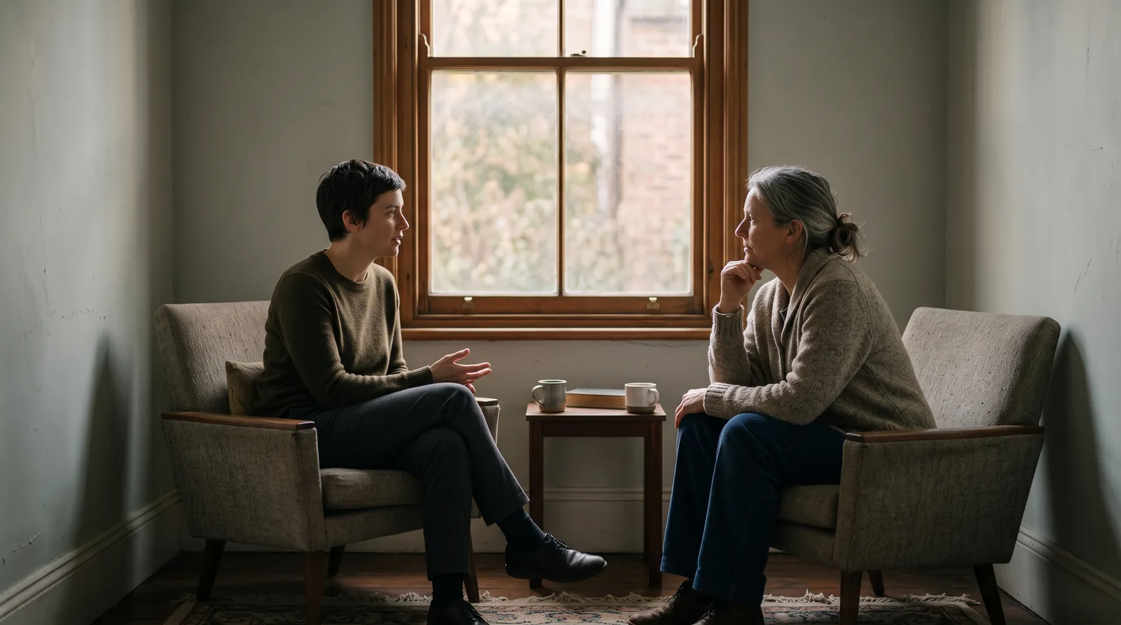 Two people sitting in armchairs facing each other in a plain room, a small side table with two mugs between them, a sash window behind. One is speaking, the other listening with a hand to their chin.